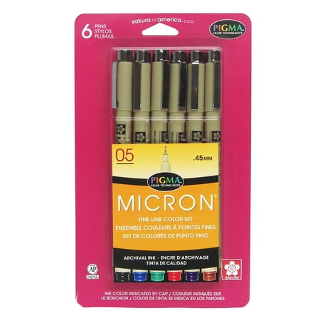 Sakura Pigma Micron Pen Set, 05 Point Size, Assorted Colors, 6-Piece