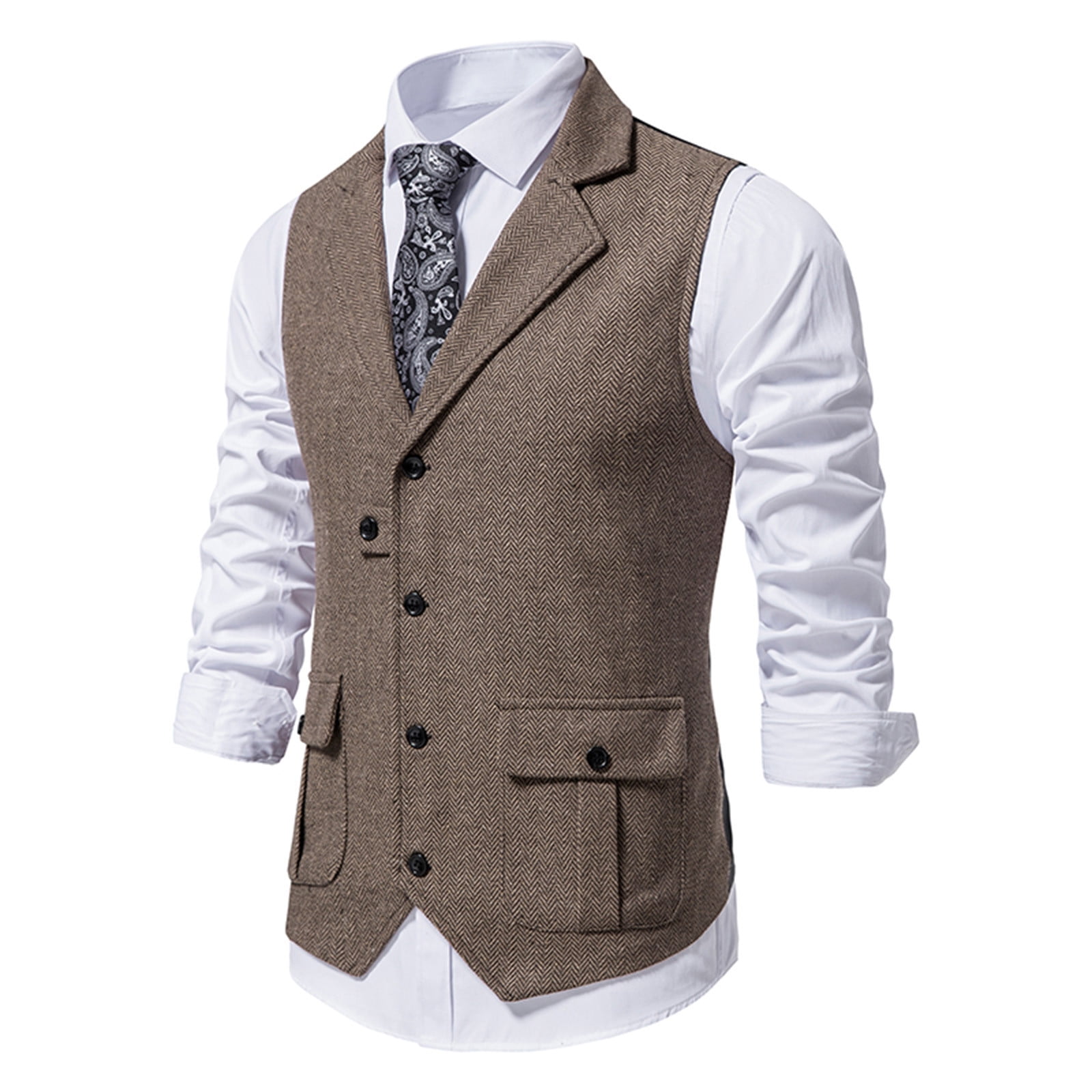 Dptalr Men s Herringbone Tweed Suit Vest Vintage Lapel Vest Men s Coat Brown