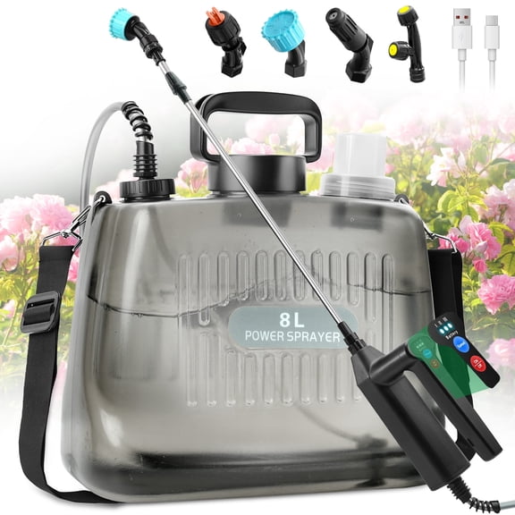 SYLMAX 2 Gallon Battery Powered Sprayer, Translucent Black Electric Garden Sprayer with 3 Adjustable Speeds & 4 Nozzles, Upgraded Ergonomic Handle & Retractable Wand for Lawn and Yard Care