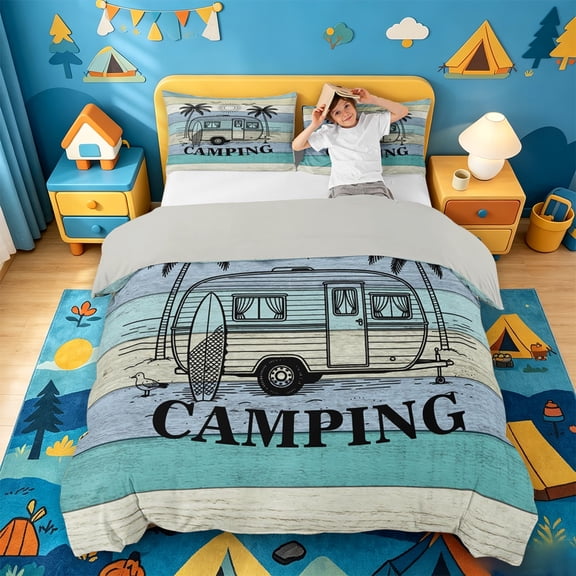 Catabedysis Ocean Beach Camping Bedding,Camper Print Duvet Cover Full For Boys,Multicolor,Light Gray Reversible,3 Pieces,1 Duvet Cover and 2 Pillowcases
