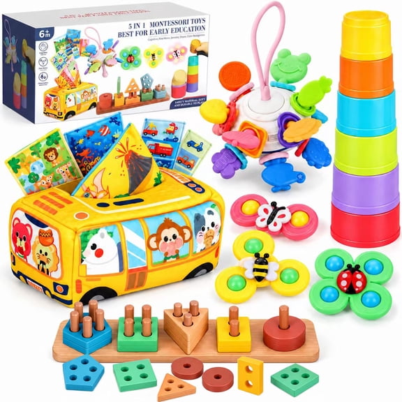 Maspost 5-in-1 Montessori Baby Toy Set for 6-12 Months, Stacking Cups, Wooden Sorting Blocks and Sensory Toys