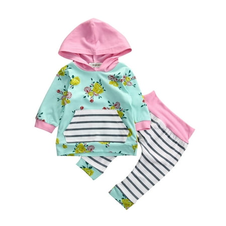 - StylesILove Infant Baby Girl Floral Pattern Long Sleeve Hoodie and Pants 2 pcs Outfit (100/18-24 Months, Green)