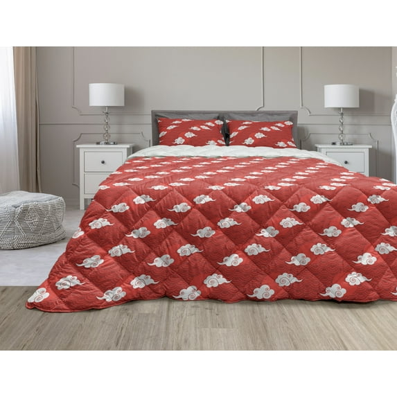 Japanese Comforter & Sham Bedding Set, Oriental Illustration with Clouds and Scale Patterned Background Traditional, 3 pcs Duvet Set Microfiber Filling Quilt, 5 Sizes, Vermilion White, by Ambesonne