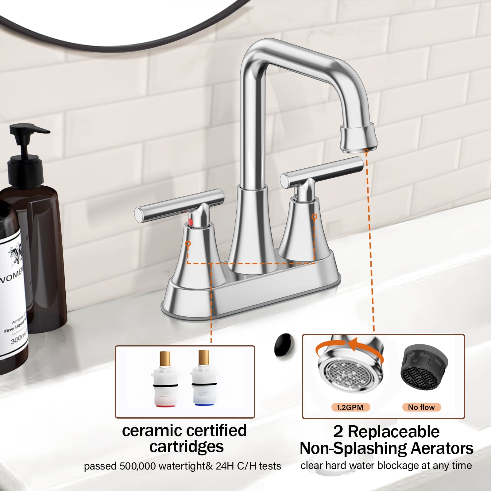 KINGTACK Bathroom Sink Faucet, 4 inch Chrome Bathroom Faucets with Pop-up Drain and Supply Lines, Stainless Steel 2-Handle Centerset Faucet for Bathroom Faucet 3 Hole