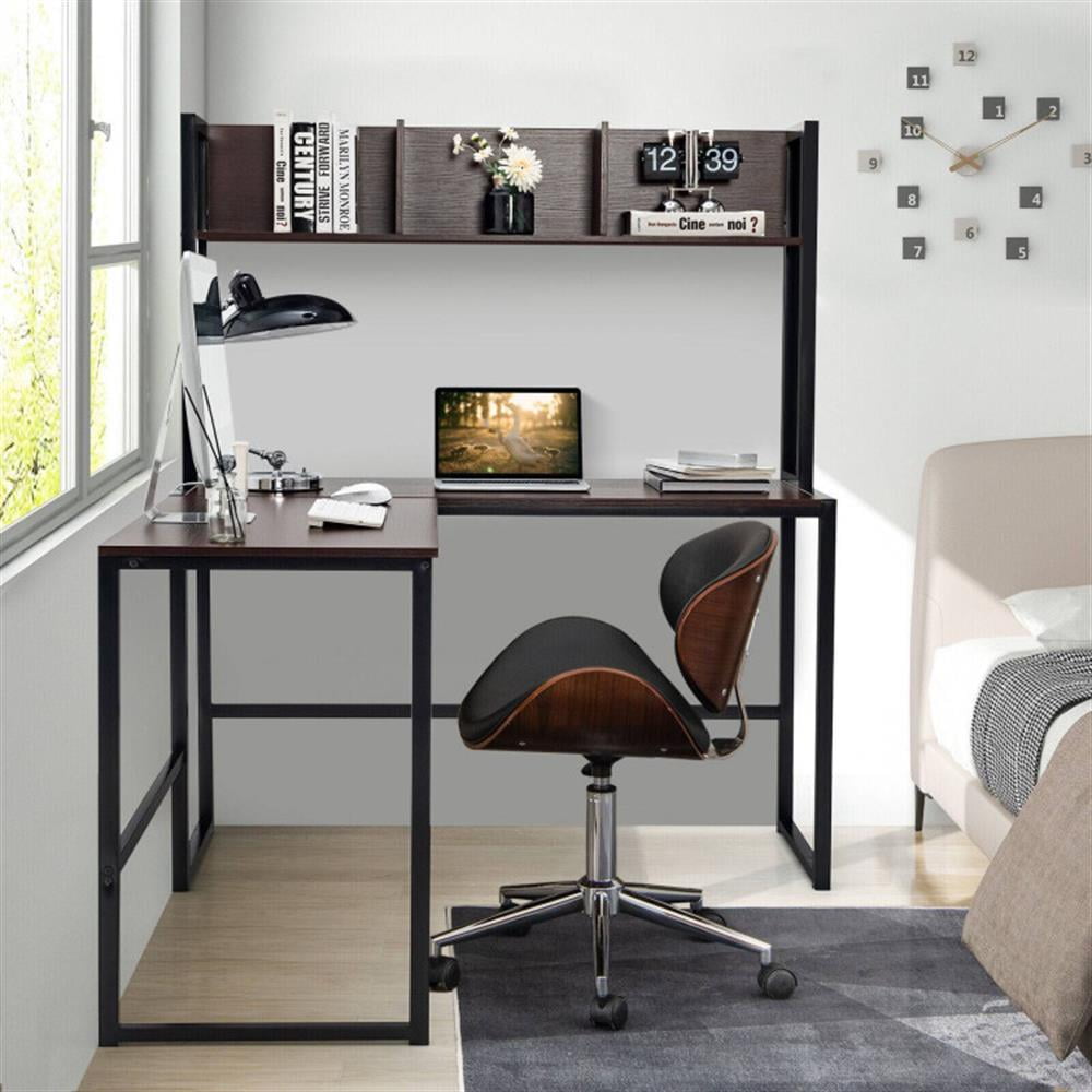 Demi Bonn Reversible L-Shaped Corner Desk with Storage Bookshelf, Small Home Office Desk Study Writing Table, Dark Brown