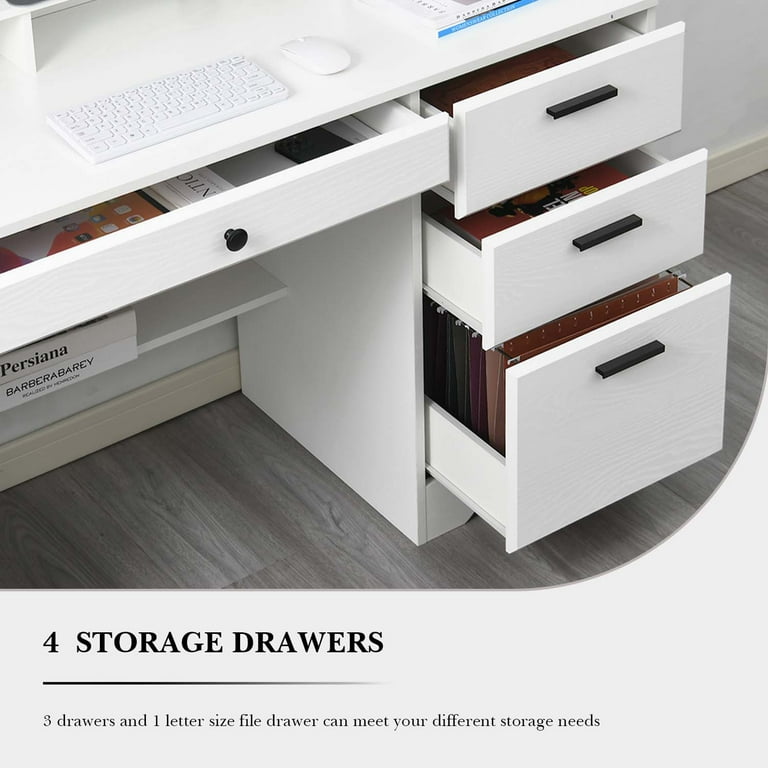 4 Ever Winner White Desk with 4 Drawers Home Office Computer Desk with Hutch Shelf White