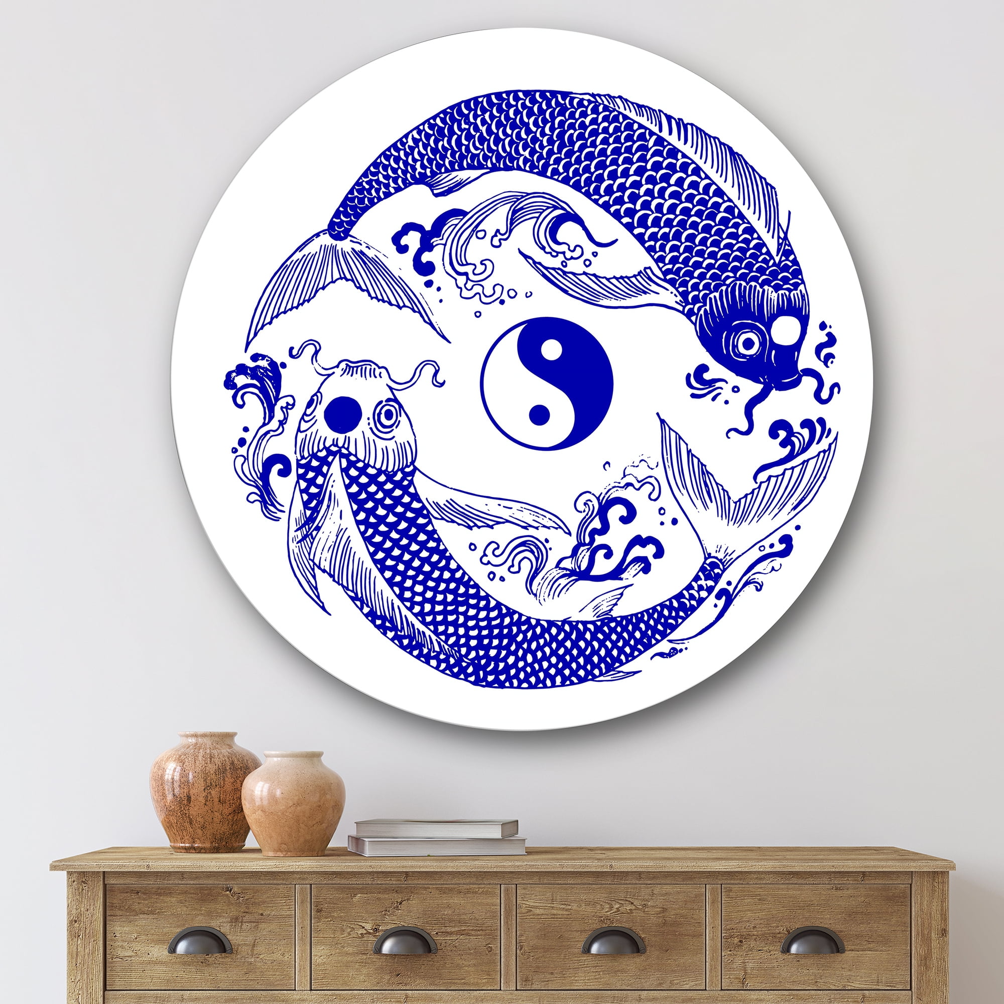 Designart 'Blue Chinoiserie Koi Fish II' Traditional Circle Metal Wall Art 29x29 - Disc of 29