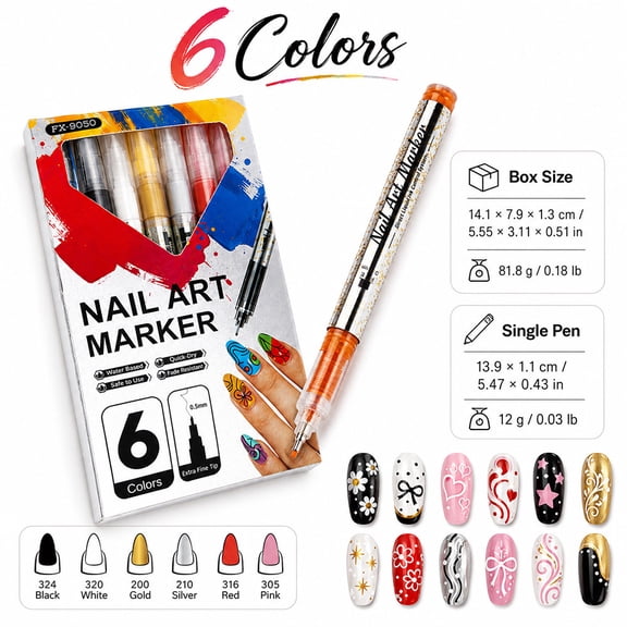 6 Colors Nail Art Pens Set, 3D Nail Polish Pens, Quick-Drying Acrylic Paint Markers, 0.5mm Dotting Painting Liner Brush for DIY Nail Design, Home & Manicure Tools