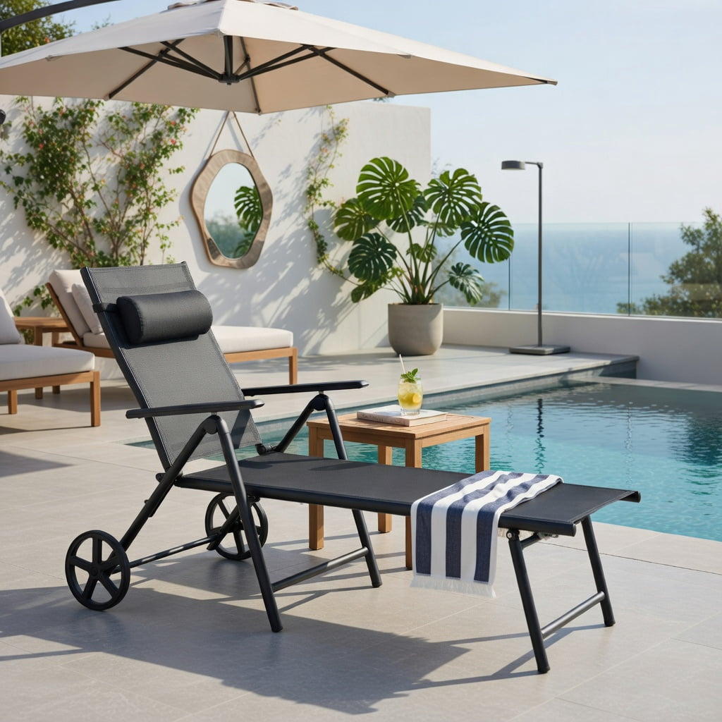 Hommoo Adjustable Outdoor Lounge Chair with Wheels, Aluminum Patio Recliner with Neck Pillow & 7-Position Backrest for Backyard, Poolside & Deck, Gray