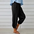 thumbnail image 3 of Women High Waist Linen Capri Pants Drawstring Elastic Waist Loose Cropped Trousers Side Pockets Button Cuff Casual Joggers, 3 of 5