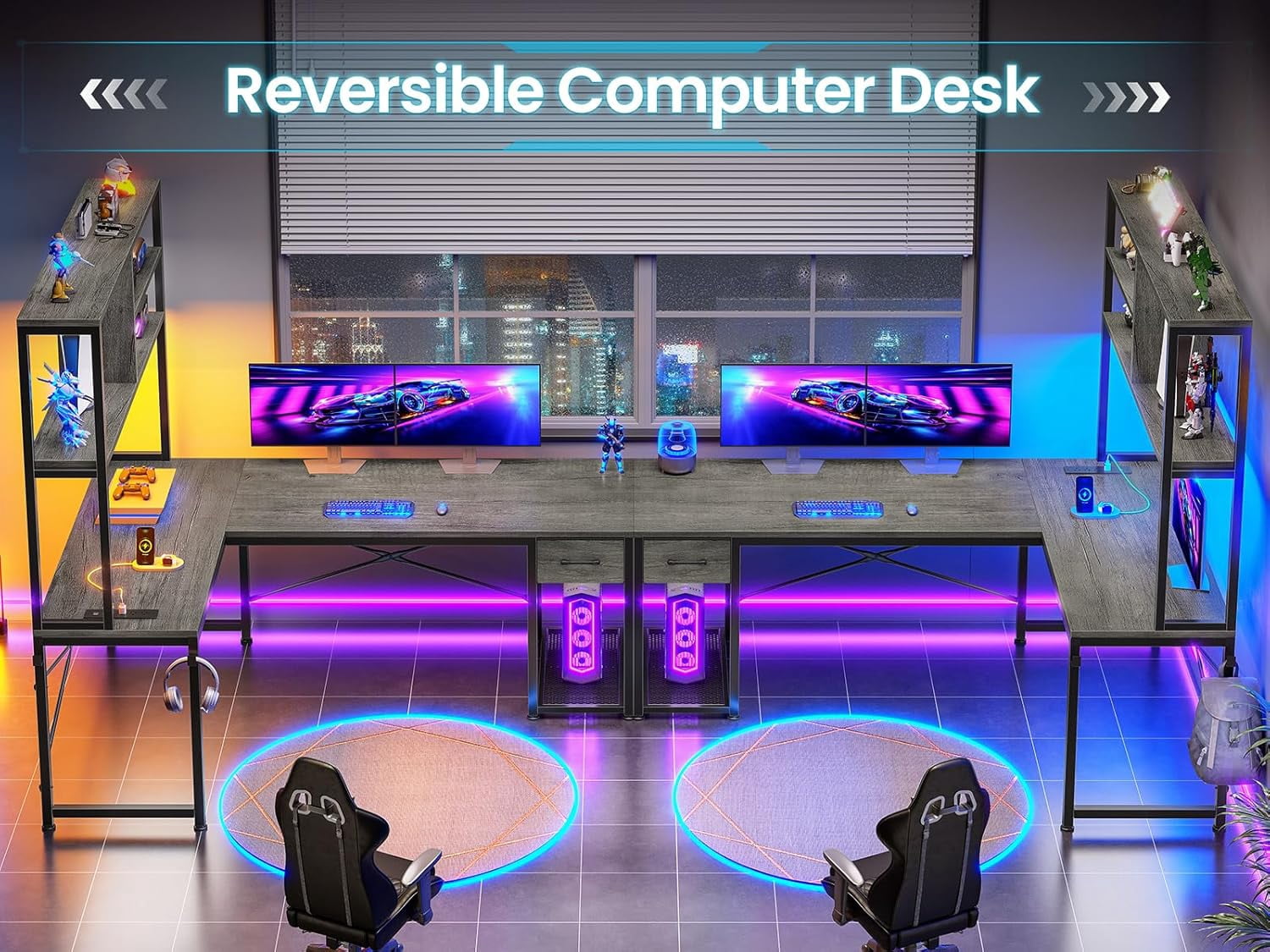 51" L Shaped Desk wtih Power Outlets and Storage, Reversible Gaming Desk with Drawer and Open Shelves, Small Computer Desk Corner Desk with LED Lights for Home Office, Bedroom, Small Space, Grey