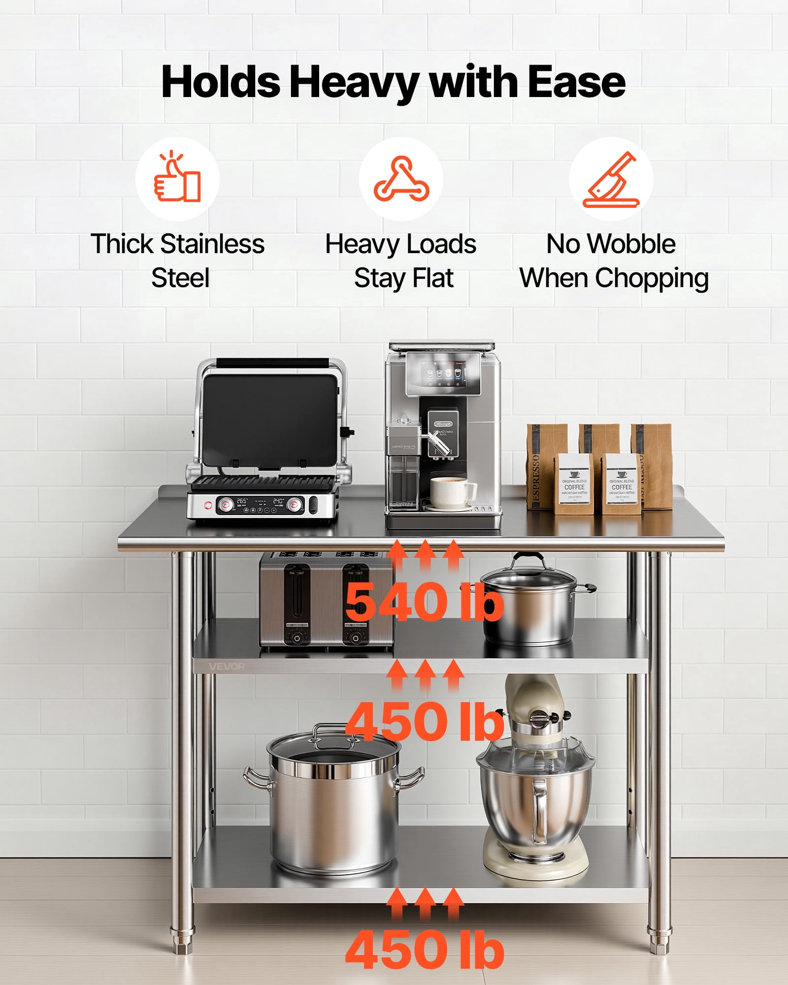 VEVOR Stainless Steel Work Table, 24x48 Inch Food Prep Table with 2 Shelves and Backsplash, Commercial Kitchen Workstation, Metal Heavy Duty Utility Worktable, for Restaurant Home Hotel Garage