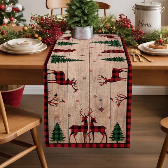 Merry Christmas Cotton Linen Table Runner Elk Deer and Green Xmas Tree Dining Table Runners for Home Decor Party Dining Room Restaurant Kitchen Party 13" x 120"