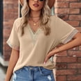 thumbnail image 4 of safuny Women's Trendy Loose Basic Tops Solid Tops Short Sleeve Tees V Neck Shirts Elegant Lace Splicing Vintage Clothing Fashion Summer Beige L, 4 of 8