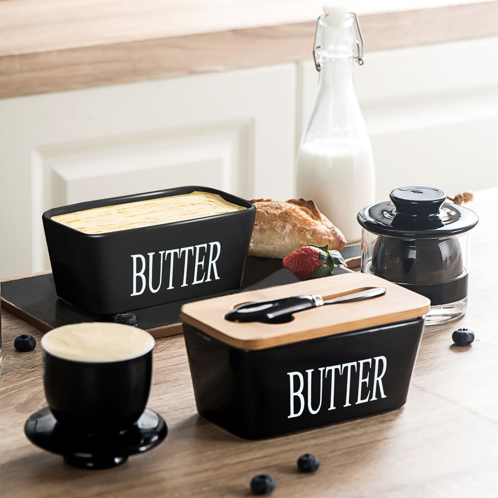 HOZVOMI Ceramic Butters Storage Box - Nordic Style Ceramic Jar with Lid and Cutting Tools for Cheese and Butters Storage
