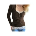 thumbnail image 2 of LMLYSoH Women Fashion Lace Stitching T-Shirt Long Sleeve Sweet Temperament Shirts Square Neck Spring Fall Tops, 2 of 7