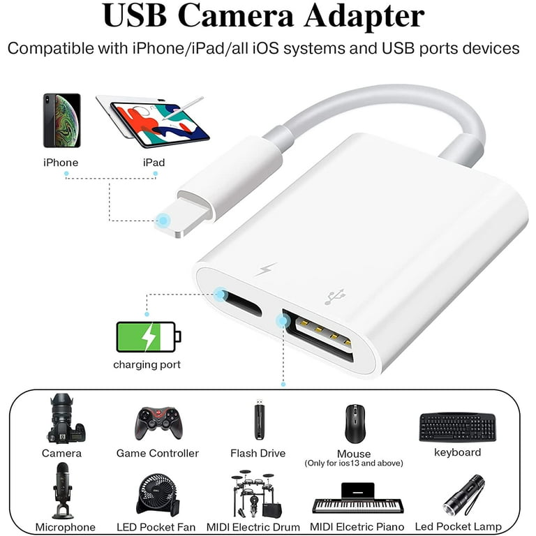 [Apple MFi Certified] Lightning to USB Camera Adapter for iPhone, USB OTG  Adapter with Fast Charging Port Portable Compatible with iPhone/iPad/Card
