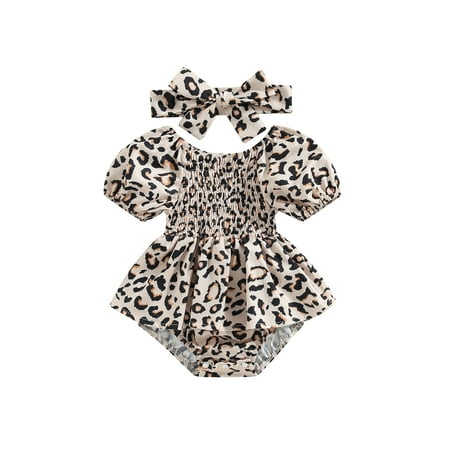 

MissiMae Baby Girls Romper Set Short Sleeve Off-shoulder Heart/Leopard Print A-line Dress with Headband 0-18M