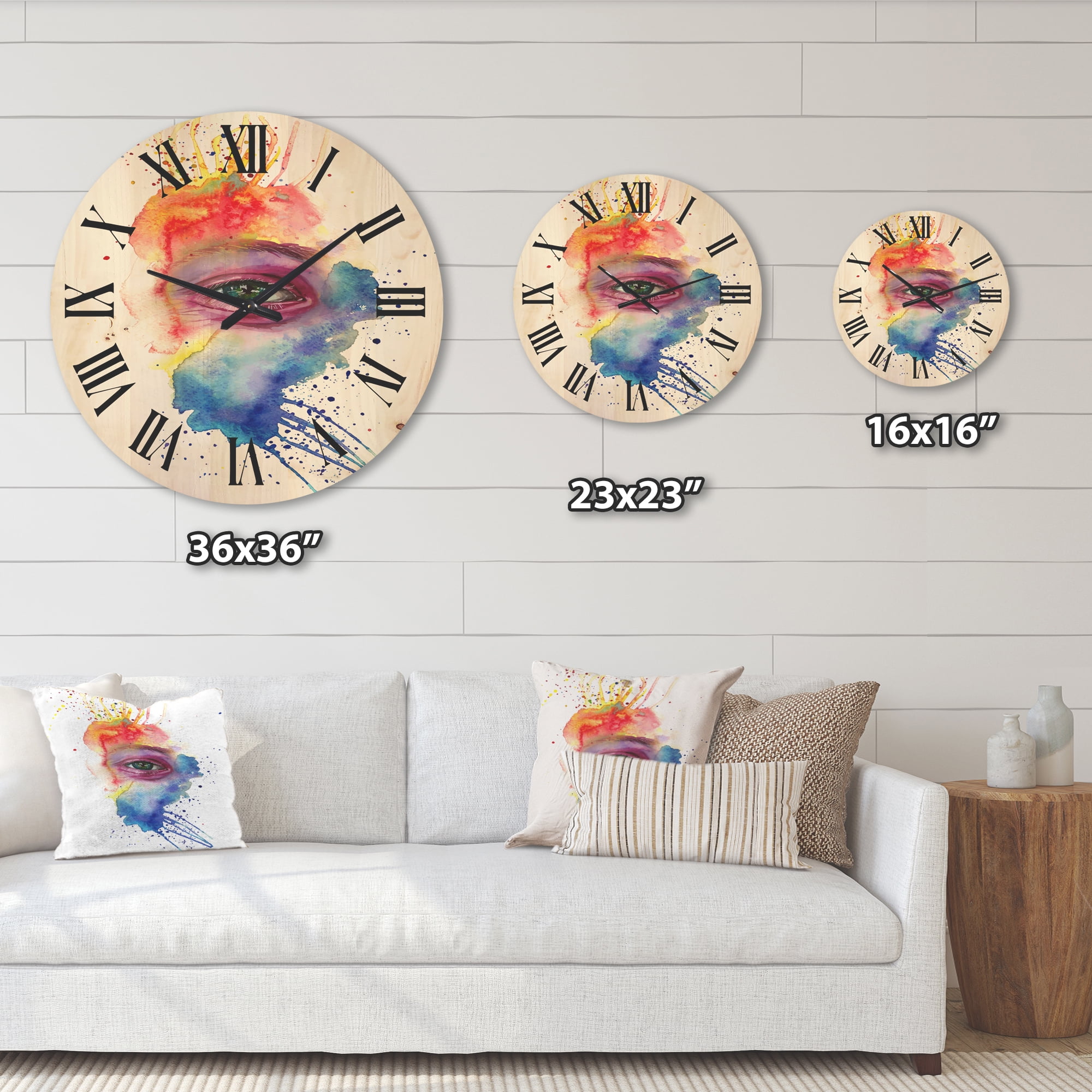 Designart 'Detail of Eye In Rainbow-Colored Face Portrait' Bohemian & Eclectic Wood Wall Clock