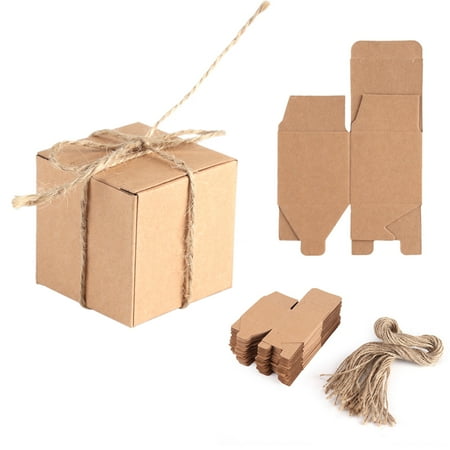Gift Box Place Card Holder - 50pcs Kraft Paper Candy Box Square Rustic Wedding Favors Candy Holder Bags Wedding Party Gift Boxes with Hemp Ropes