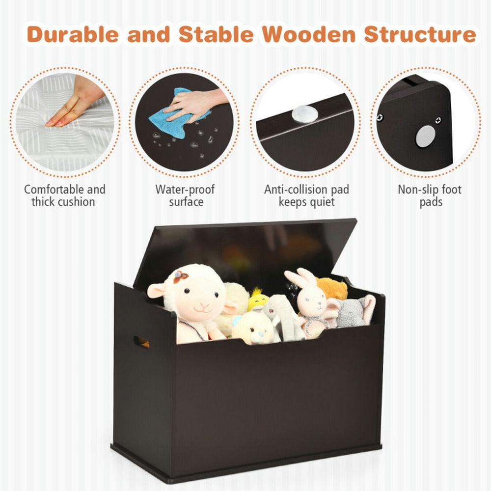 GVN Kids Toy Wooden Flip-top Storage Box Chest Bench with Cushion Hinge-Brown, Toy Organizers and Storage for Kids, Boys, Girls, Nursery