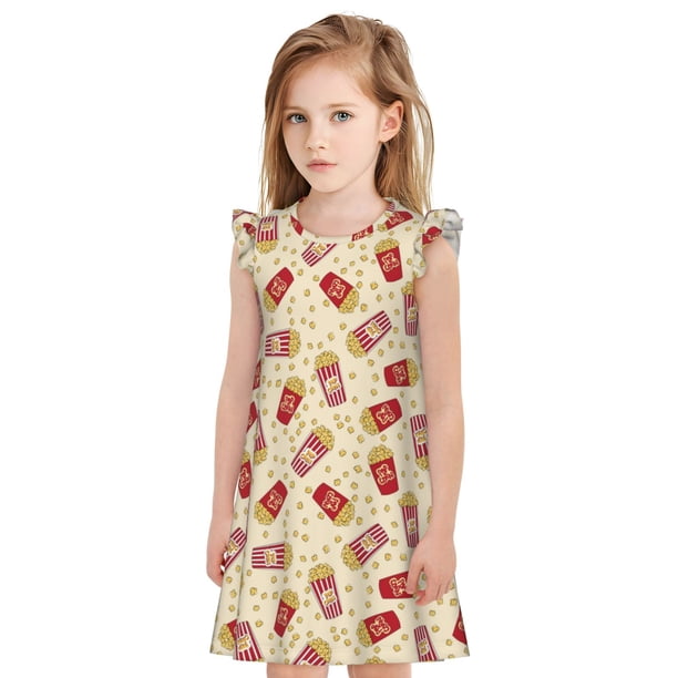 Fotbe Cartoon Popcorn Vestido de Dormir para Niñas de 3 a 10 Años, Mangas Cortas, Estilo Princesa, Pijama Camisón con Mangas Voladas-X-Large