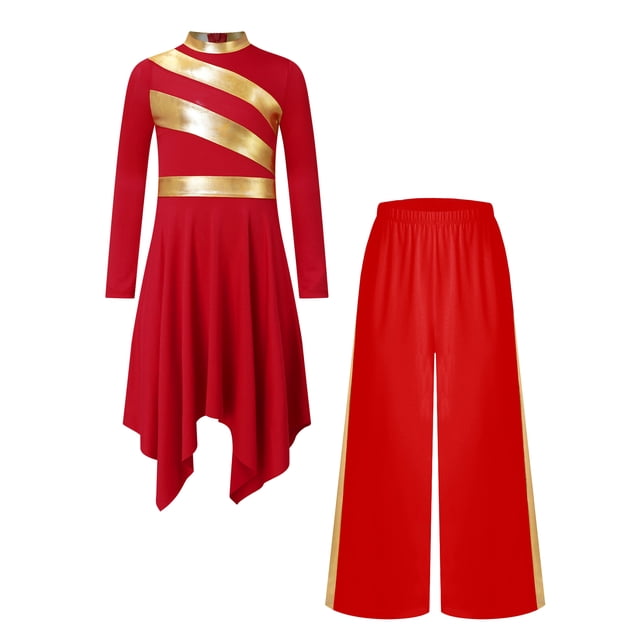 LiiYii Robe de Danse à Manches Longues pour Filles, Tunique de Danse Lyrique et Pantalon Grand Rouge 14