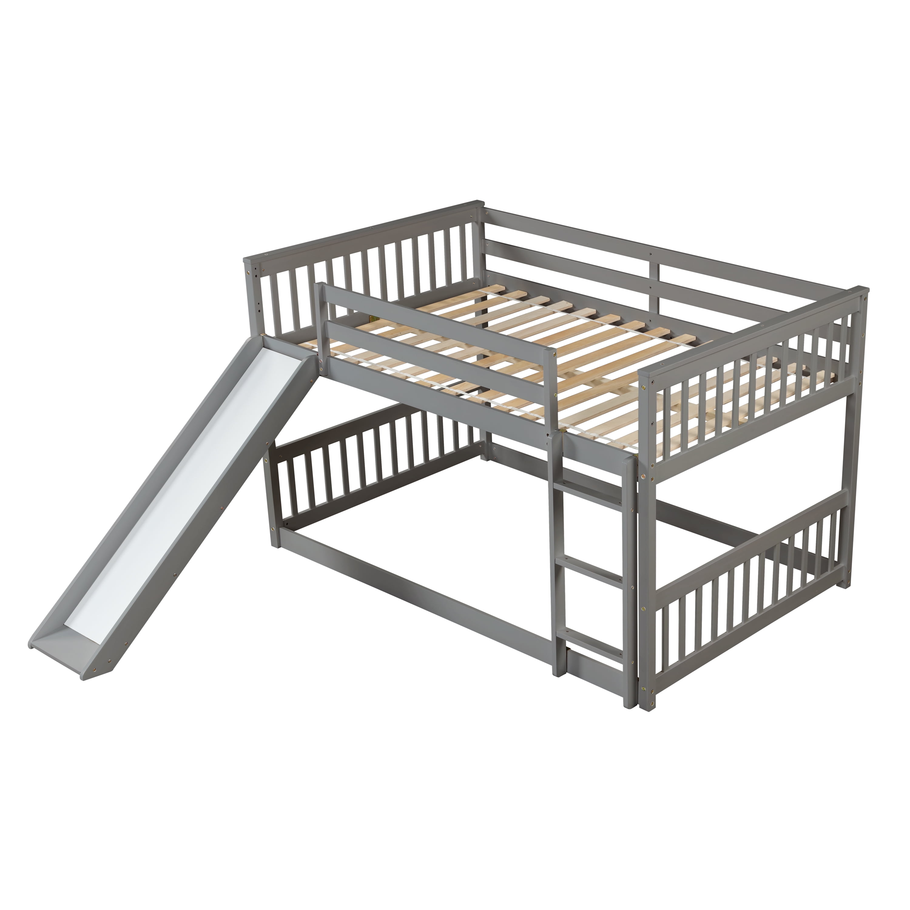 Euroco Full over Full Bunk Bed with Slide for Kids Teens Room, Solid Wood Low Profile Bunk Bed, Gray