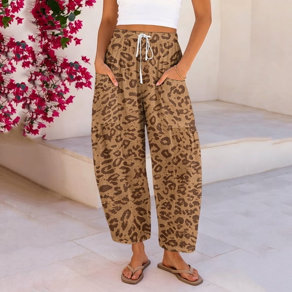 Barrel Cotton Linen Pants for Women Trendy High Waisted Drawstring Wide Leg Leopard Print Pants