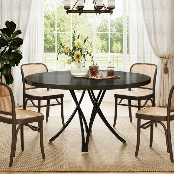 Tribesigns Round Dining Table, 47-Inch Black Wood Circle Kitchen Table with Sturdy Cross Metal Legs for Dining Room