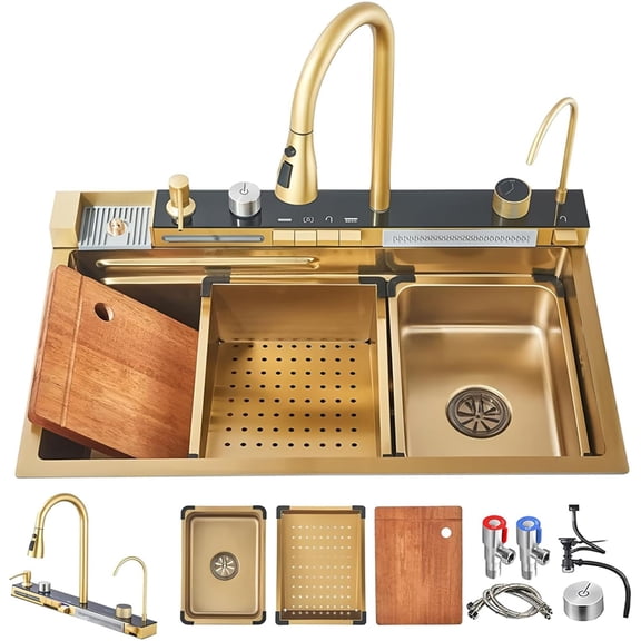 33 X 22 Inch Gold Nano Stainless Steel Single Basin Workstation Sink Set, Single bowl Sink, Multifunctional Drop-in Single Bowl Workstation Kitchen Sink Kit with Accessories