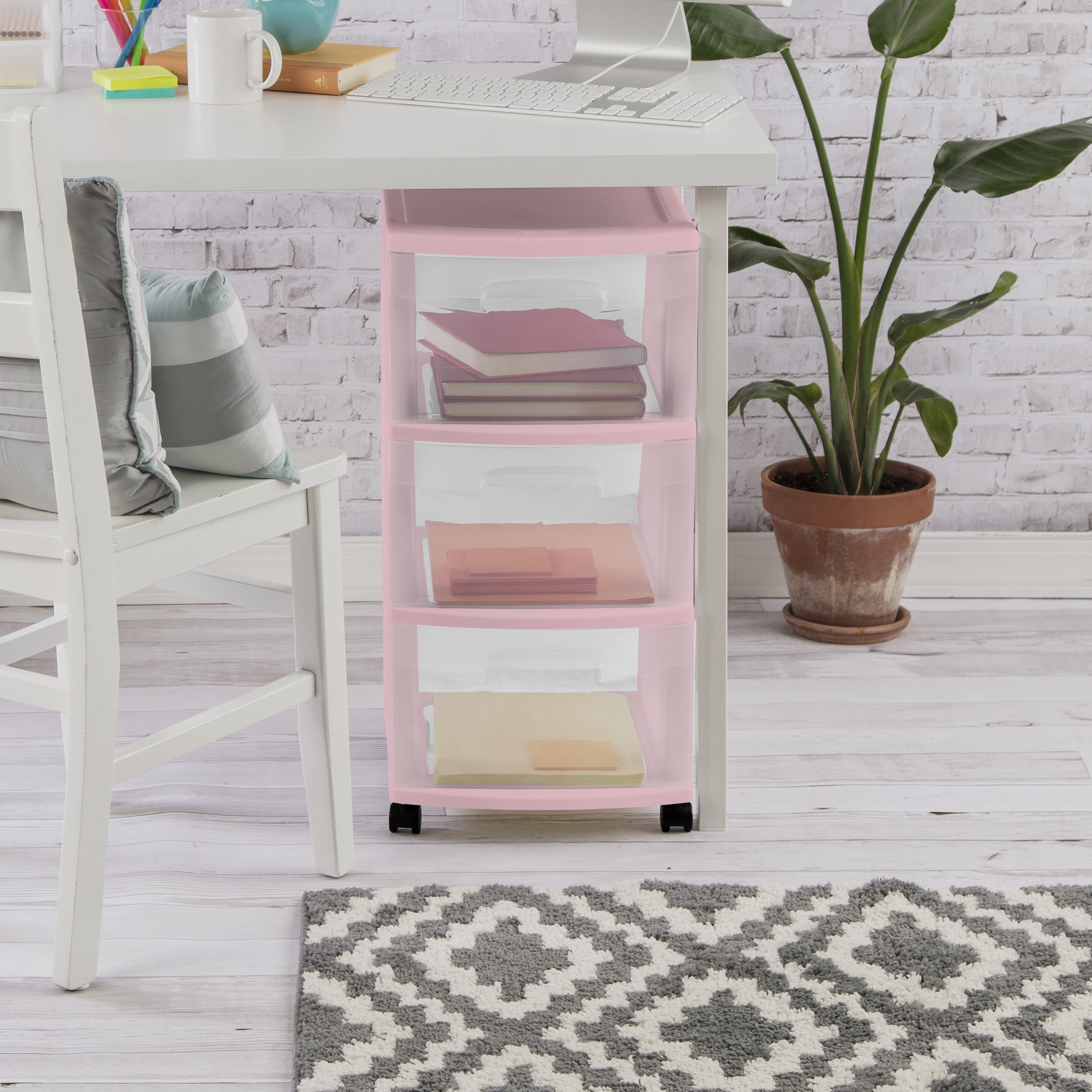 Sterilite Plastic 3 Drawer Cart Blush Pink Set of 2
