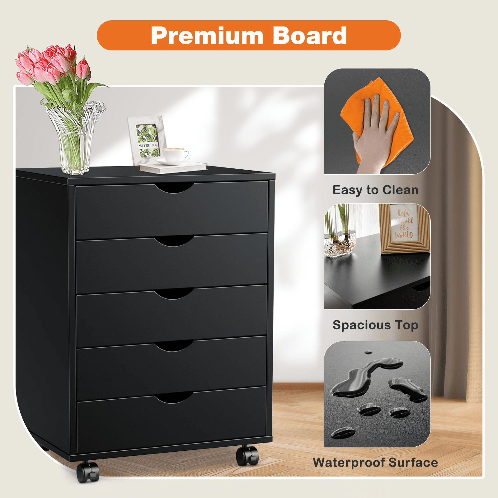 MAYEERTY 5-Drawer Mobile File Cabinet, Storage Cabinet Dressers with Wheels Mobile Organizer Drawers for Office, Bedroom, Home