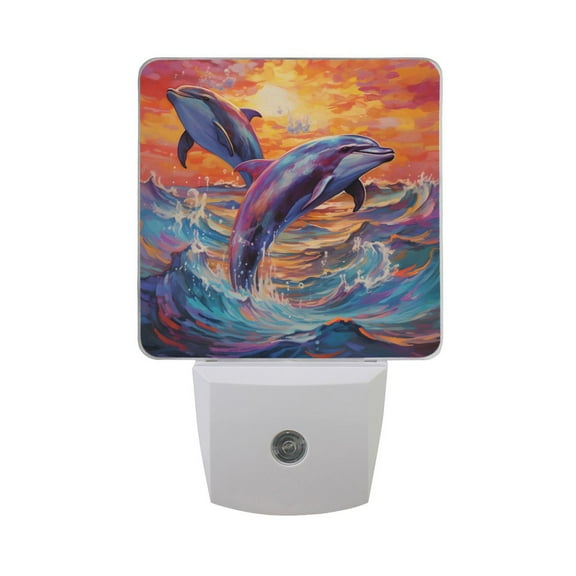 Dolphins on Sea Night Light LED Dusk to Dawn Auto Sensor Night Lamp Plug-in Nightlight for Bedroom Hallway Kitchen 2 PCs