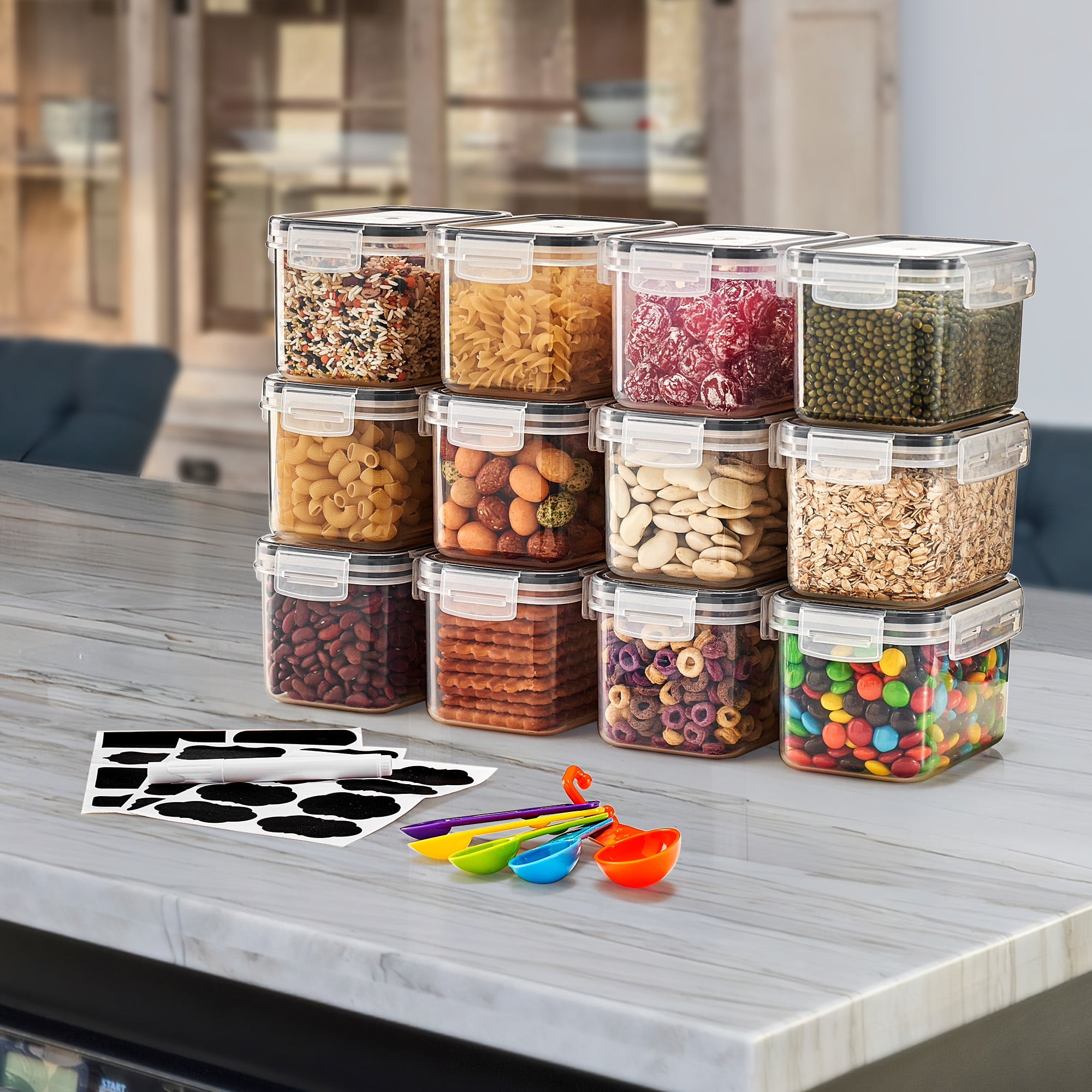 Sorbus 12 Pack Airtight Food Storage Container Set with Locking Lids, Measuring Spoons, and Labels (0.8L/27.05 oz)