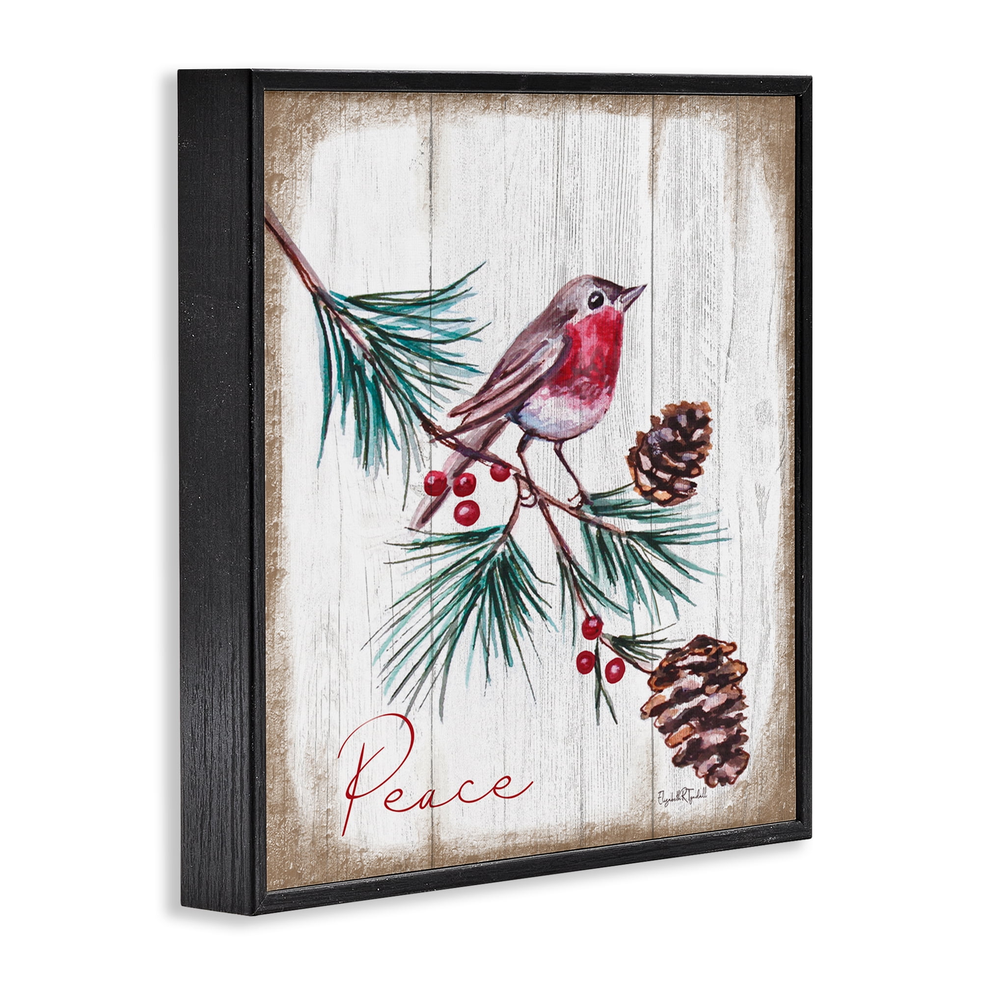 Stupell Industries Rustic Bird & Pinecones Holiday Painting Black Framed Art Prints Wall Art, 17 x 17