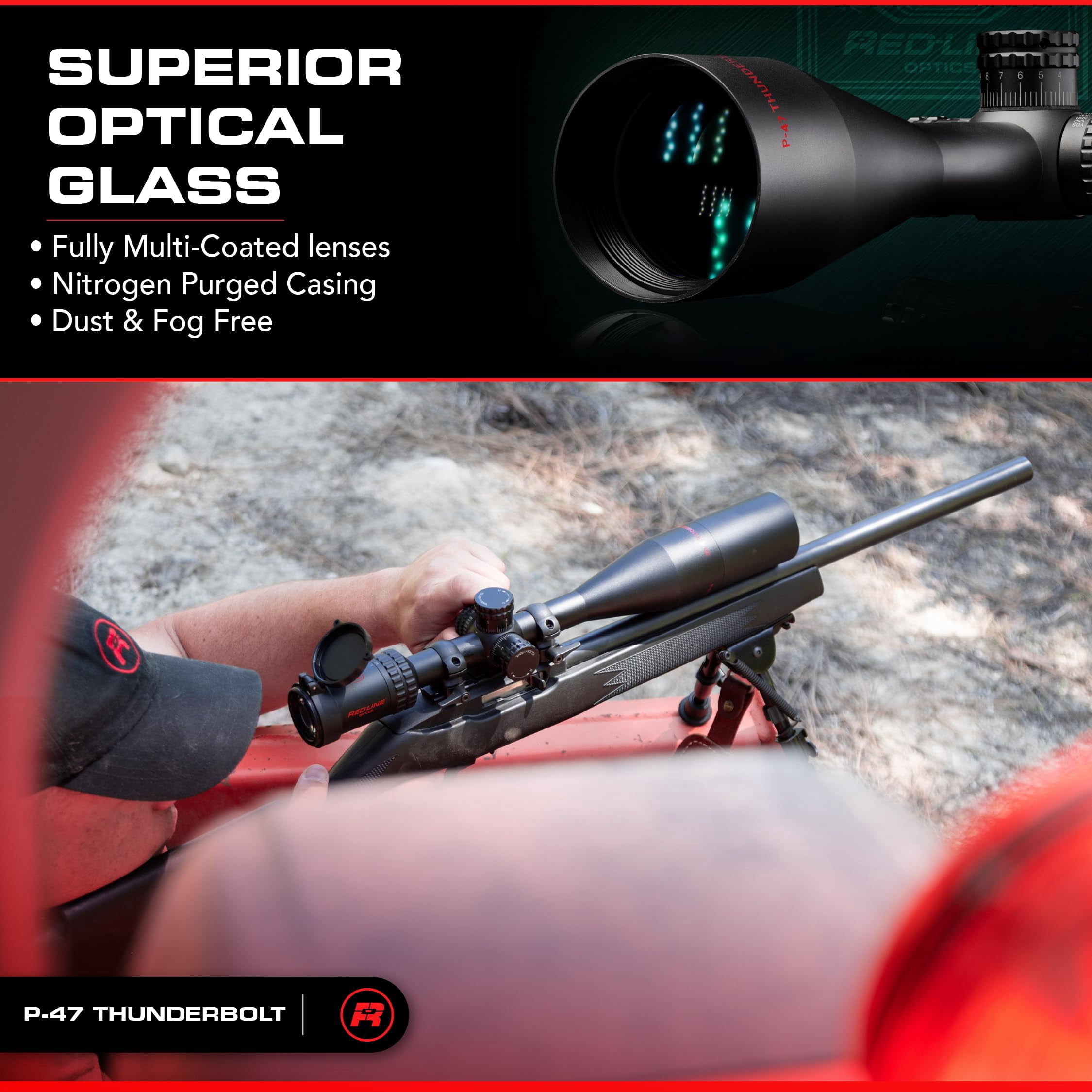 Red-Line Optics P-47 Thunderbolt II 6-24x50, SFP, MRAD, 1" monotube, Hunting, Long-Range Precision, Competition Scope .22LR, tested up to a 30-06 Designed in USA Based in WA (Black Red)