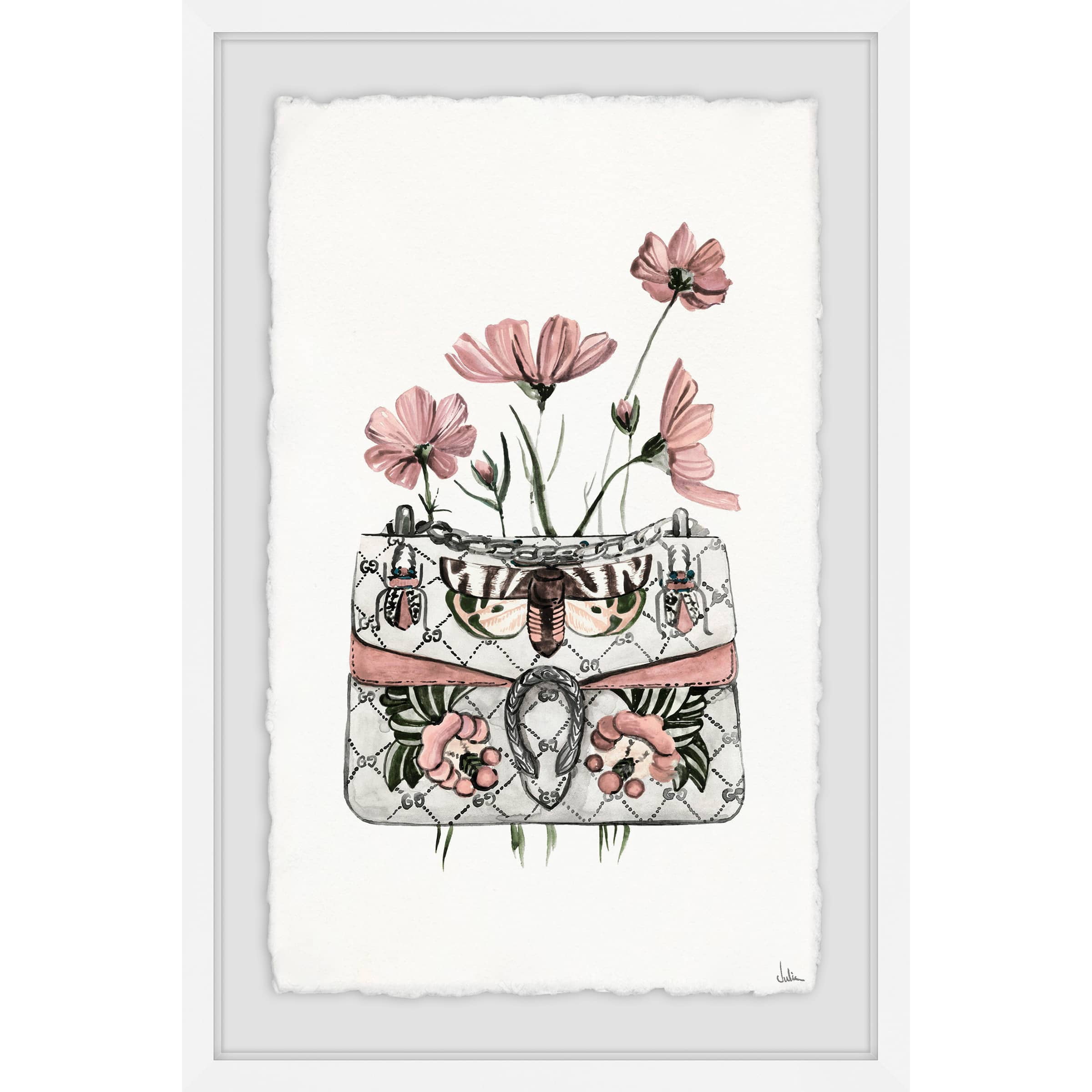Purse with Pink Flowers Framed Painting Print