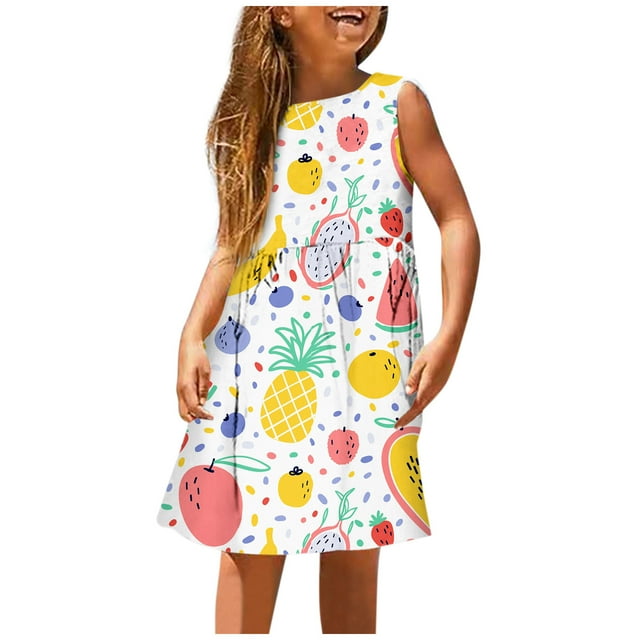 PMVFHDE Robe Fille pour l'Été Mode Fille Mignonne Printemps et Été Imprimée Col Rond Sans Manches Robe Décontractée (5), Jaune, 13-14