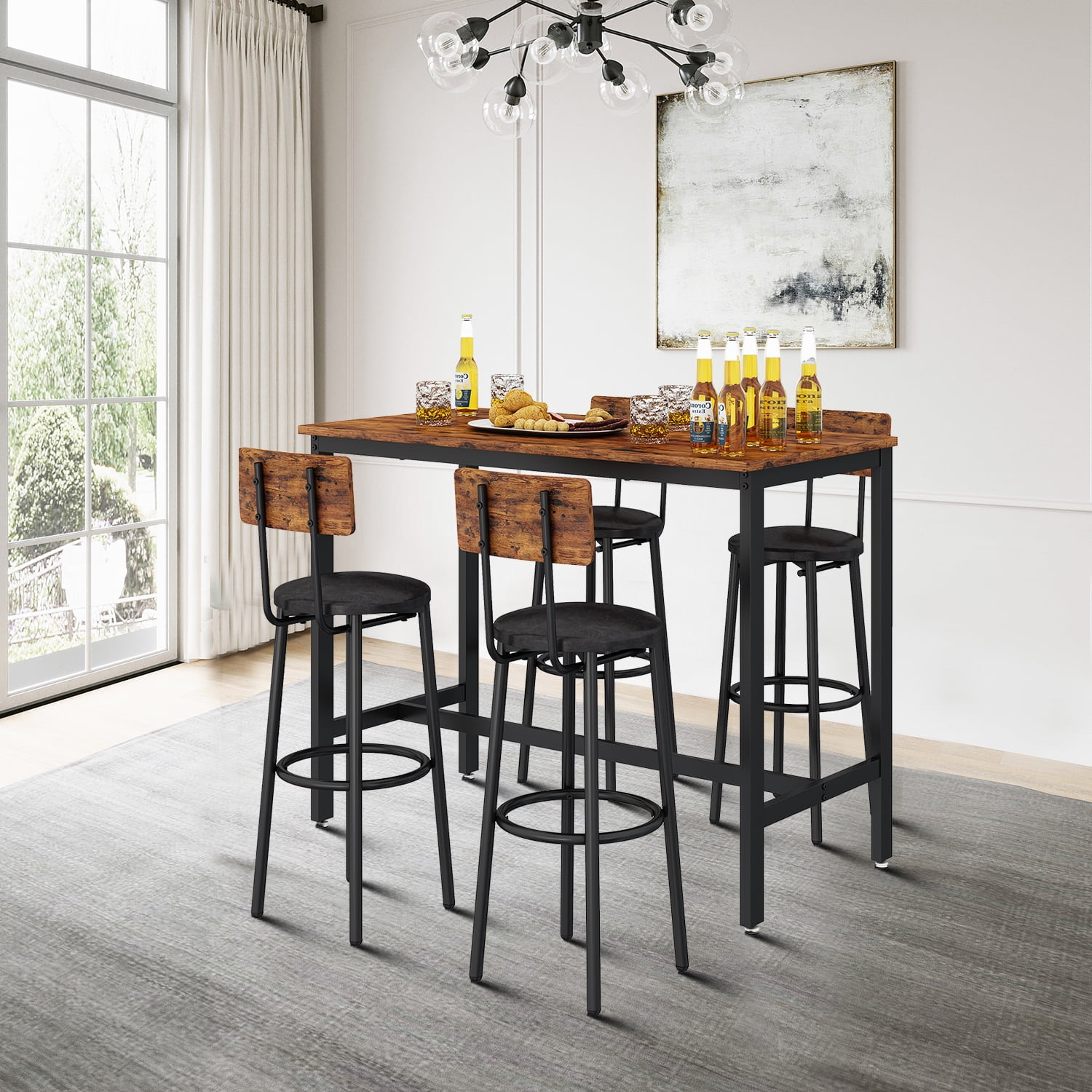 Iron Fram Bar Table Set with 4 PU Upholstered Stools, Modern Style 1