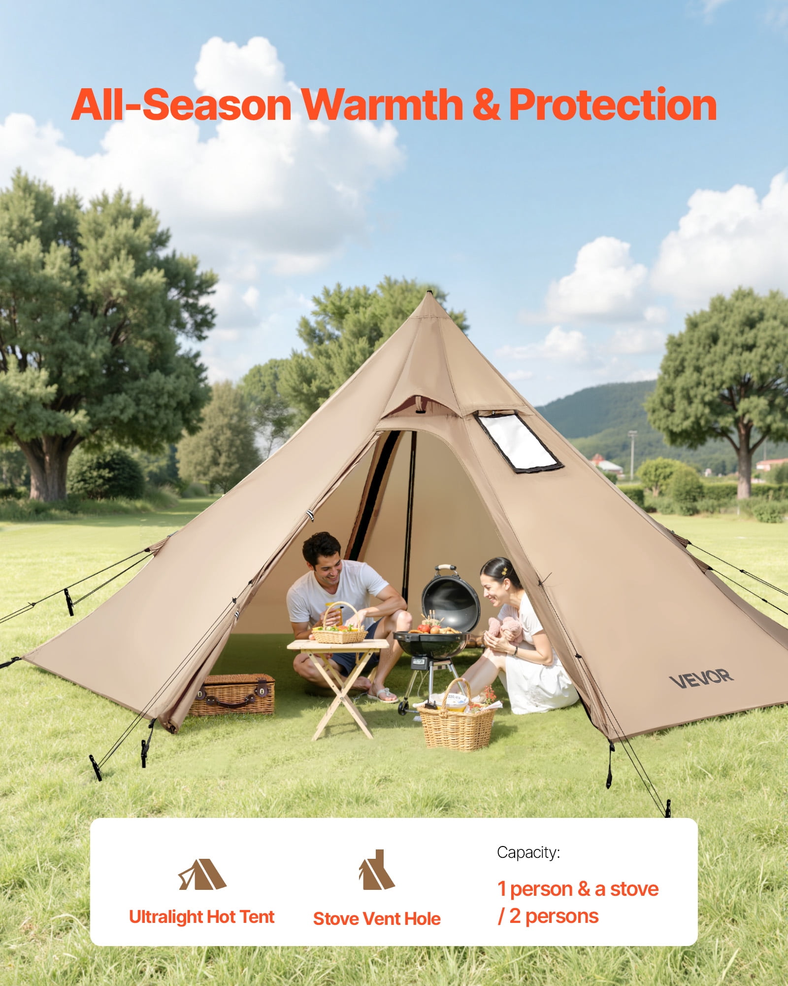 VEVOR Hot Tent for 2 Persons, Portable Winter Tipi Tent with Stove Jack, Waterproof Camping Tents, Lightweight 4 Season Shelter Tents for Hiking Fishing Backpacking, S Size