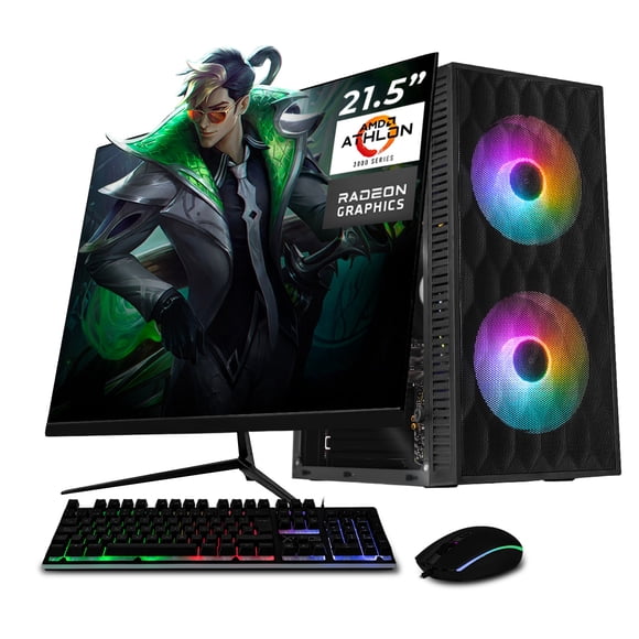 Computadora Escritorio Completa Xtreme PC Gaming AMD Radeon Vega 3 Athlon 3000G 16GB SSD 500GB Monitor 21.5 75Hz WIFI Black gaming ligero, oficina, estudio y hogar