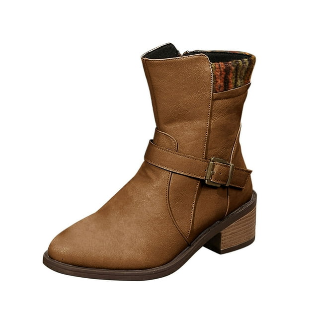 WRKEKC Womens Boots Ankle Booties Solid Square Toe Side Zipper Thick Heel Mid Heel Short Boots for Ladies Winter