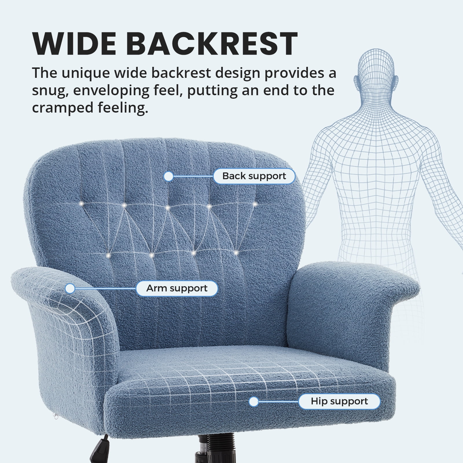 Office Chair for Home, Vanity Chair, Ergonomic Upholstered Modern Makeup Chairs with Wheels, Adjustable Height, for Bedroom, Living Room
