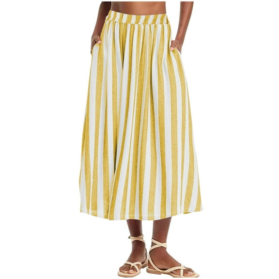 ABATAB Womens Wide Leg Capri Pants Cotton Linen Striped Culottes Summer Elastic Waist Baggy Fashion Bottoms with Pockets
