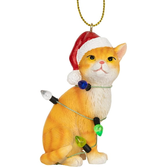 Orange Tabby Cat Christmas Tree Ornament with Santa Hat Wrapped in Christmas Tree Colored Lights