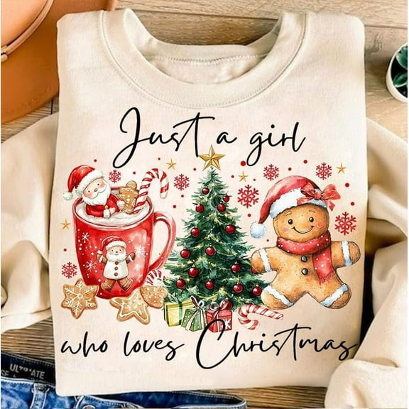 Just A Girl Who Loves Christmas Sweatshirt, Coquette Girly Holiday Pullover, Hot Cocoa Candy Cane Gingerbread Xmas Sweatshirt