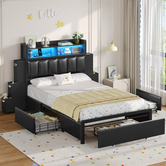 Afuhokles Twin Size Bed Frame with 10 Storage Drawers and LED Bookcase Headboard, PU Upholstered Bed with Charging Station, Black