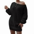 thumbnail image 3 of Women'S Off Shoulder Lantern Long Sleeve Sweater Dress Fall Loose Ribbed Knit Solid Mini Jumper Pullover Dresses Black XL, 3 of 9