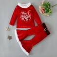 thumbnail image 3 of Toddler Girls Cute Christmas 3Pcs Outfit Sets Xmas Santa Claus Print Tops Flared Pants Hat Set Clothes for Kids Little Girl 1-7Y, Red, 3 of 11